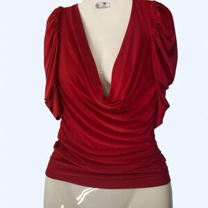 Red short sleeve scoop draping blouse w tie detail back BolBou approx S and XS